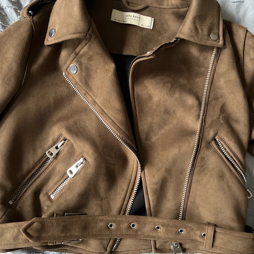Zara Brown Leather Jacket Asymmetrical Moto Style